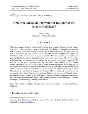 Abul A'la Maududi: Innovator Or Restorer of the Islamic Caliphate?