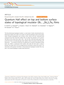 Quantum Hall Effect on Top and Bottom Surface States of Topological Insulator (Bi1&Minus;Xsbx)2Te3 Films