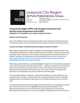 LCR Strategic Investment Fund and the Future Programme of the APPG WEDNESDAY 21ST NOVEMBER 2.30 to 3.30PM, COMMITTEE ROOM 19
