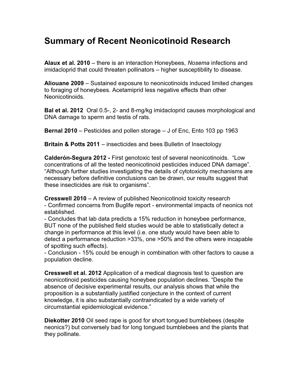 Summary of Recent Neonicotinoid Research