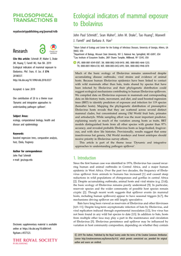 Ecological Indicators of Mammal Exposure to Ebolavirus Royalsocietypublishing.Org/Journal/Rstb John Paul Schmidt1, Sean Maher2, John M