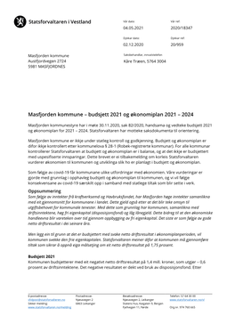 Masfjorden Kommune – Budsjett 2021 Og Økonomiplan 2021 – 2024