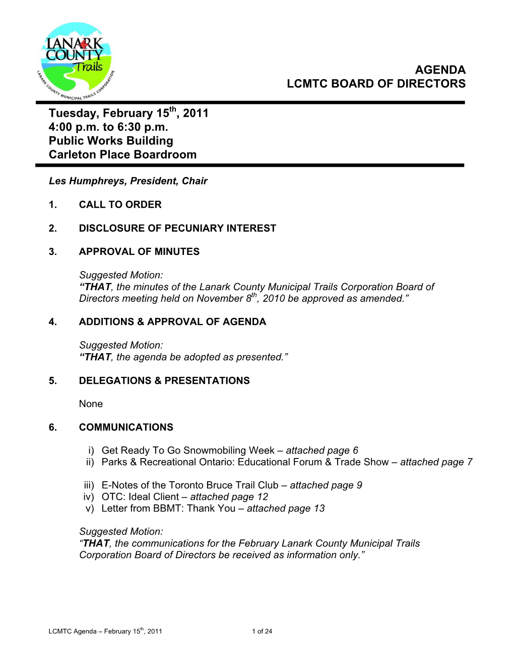 AGENDA LCMTC BOARD of DIRECTORS Tuesday, February 15