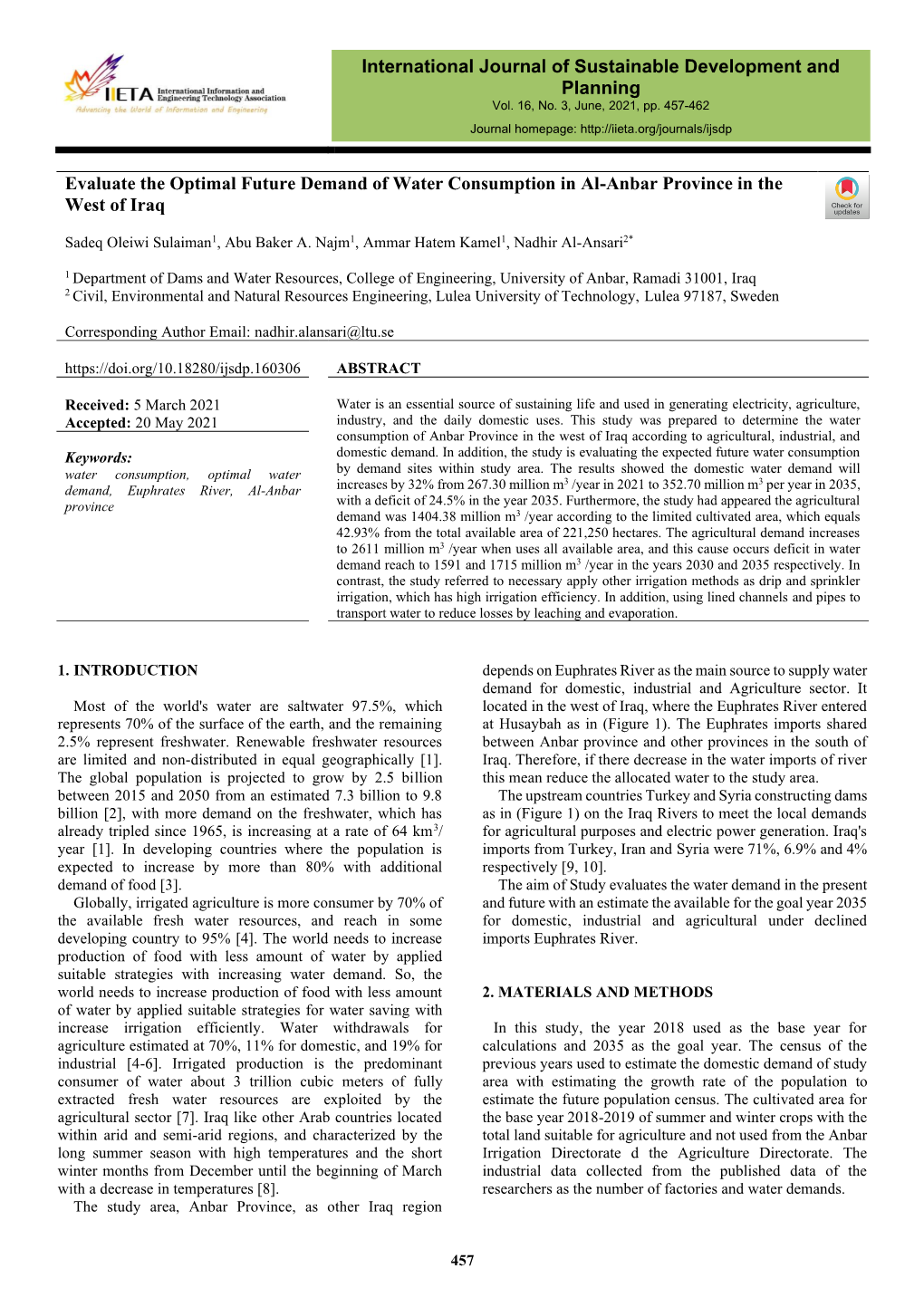 Evaluate the Optimal Future Demand of Water Consumption in Al-Anbar Province in the West of Iraq