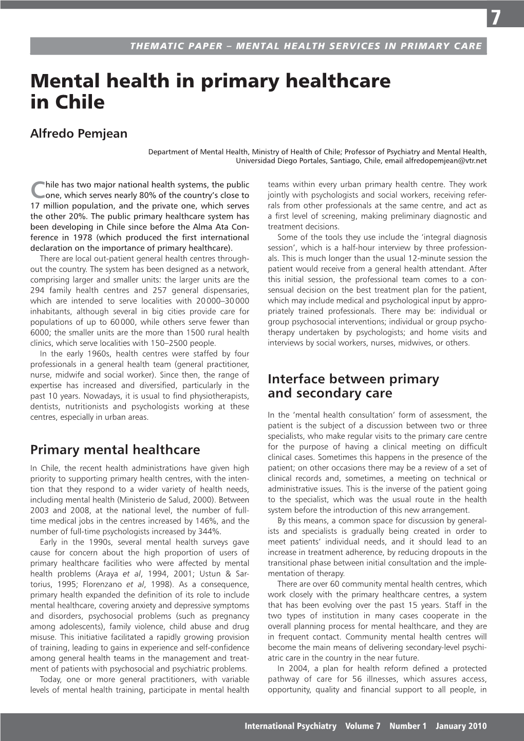 Mental Health in Primary Healthcare in Chile