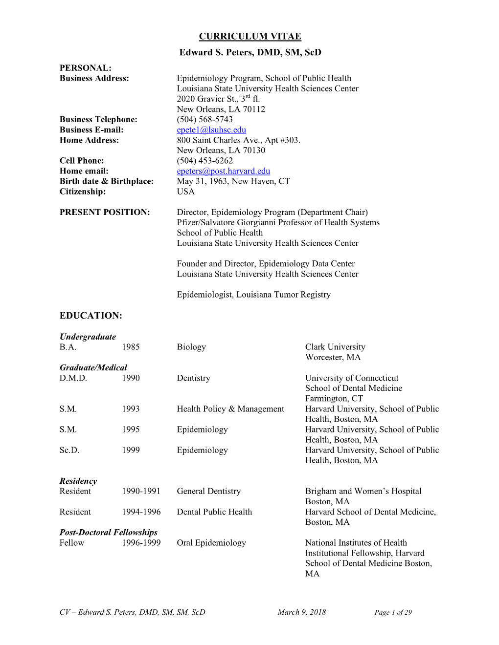 CURRICULUM VITAE Edward S. Peters, DMD, SM, Scd EDUCATION