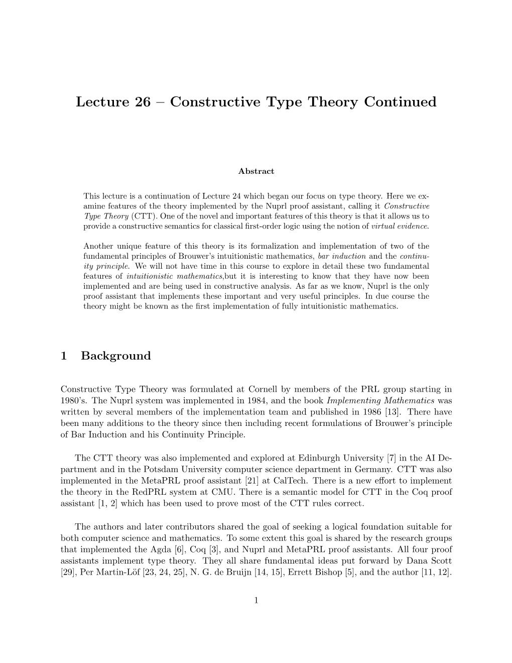 Lecture 26 – Constructive Type Theory Continued