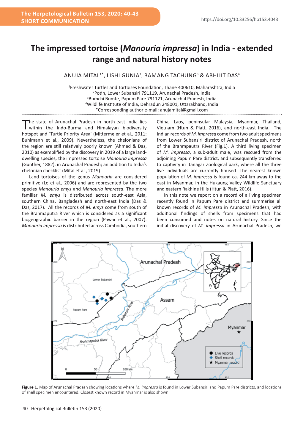 The Impressed Tortoise (Manouria Impressa) in India - Extended Range and Natural History Notes