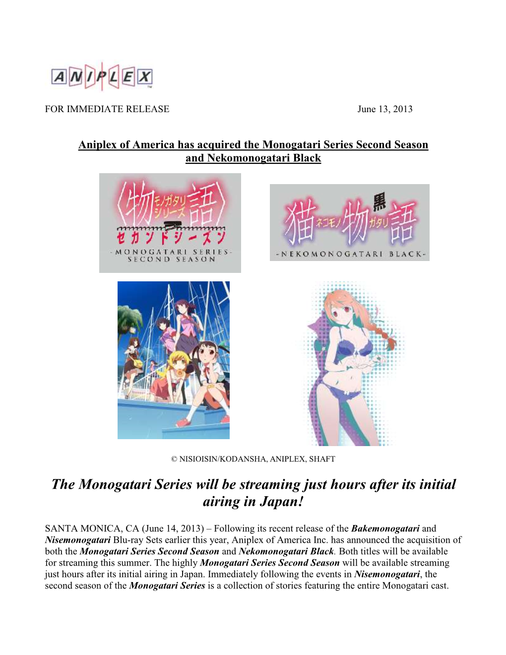 The Monogatari Series Will Be Streaming Just Hours After Its Initial Airing in Japan!