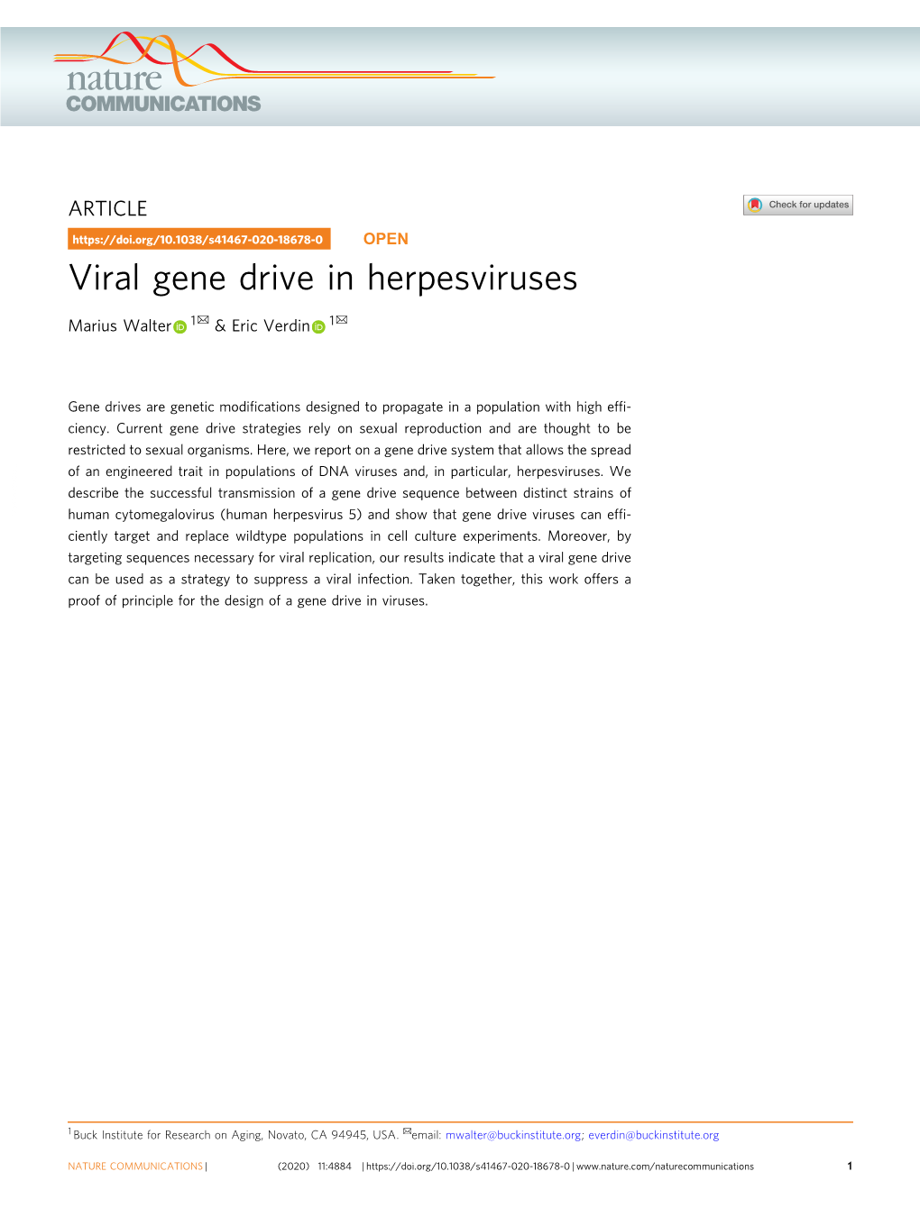 Viral Gene Drive in Herpesviruses ✉ ✉ Marius Walter 1 & Eric Verdin 1