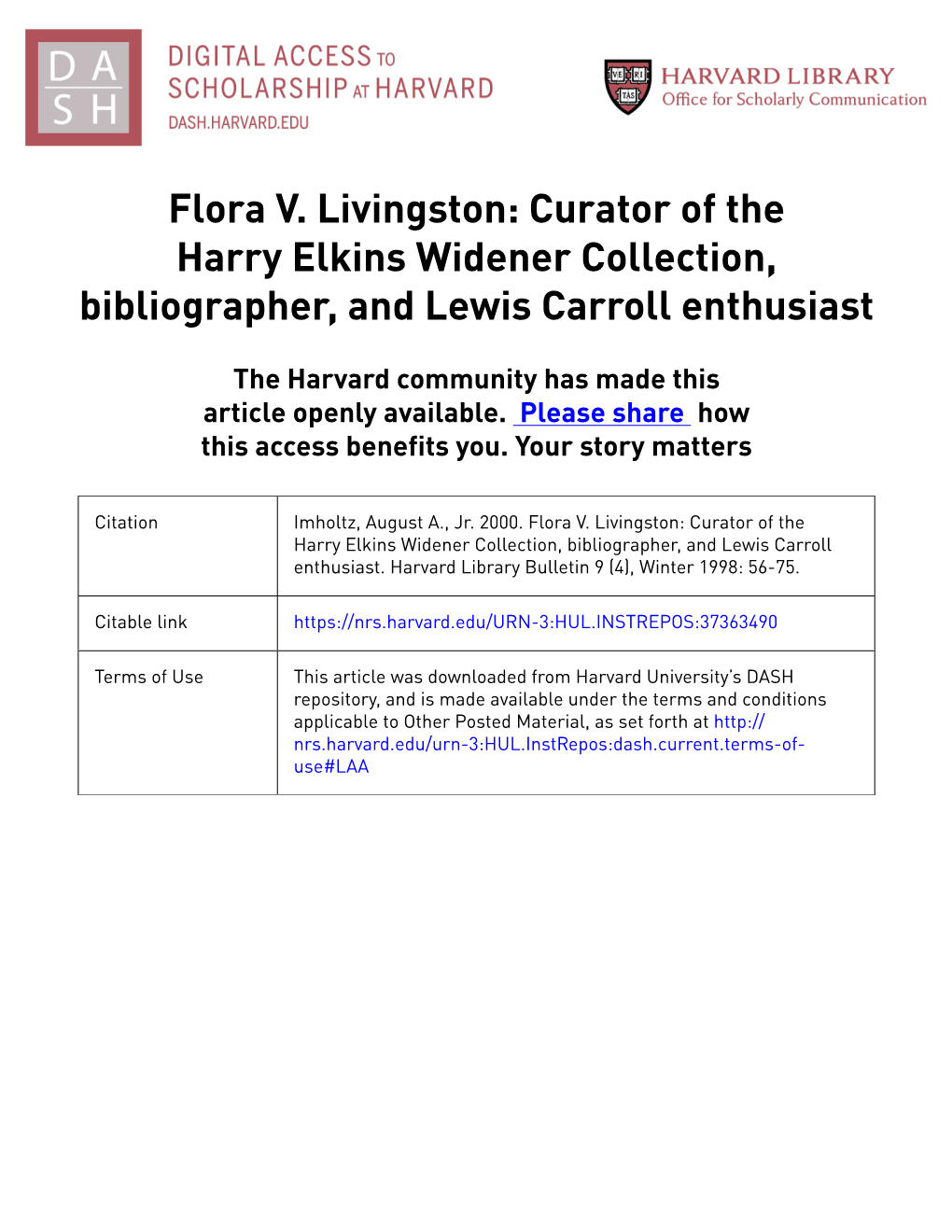 Flora V. Livingston: Curator of the Harry Elkins Widener Collection, Bibliographer, and Lewis Carroll Enthusiast