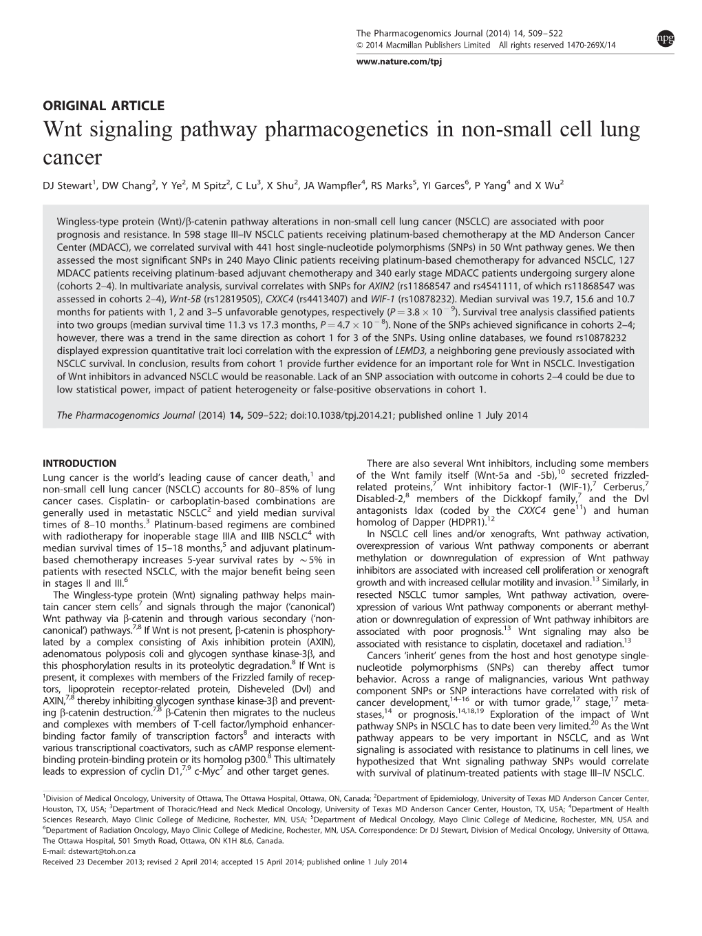 Wnt Signaling Pathway Pharmacogenetics in Non-Small Cell Lung Cancer