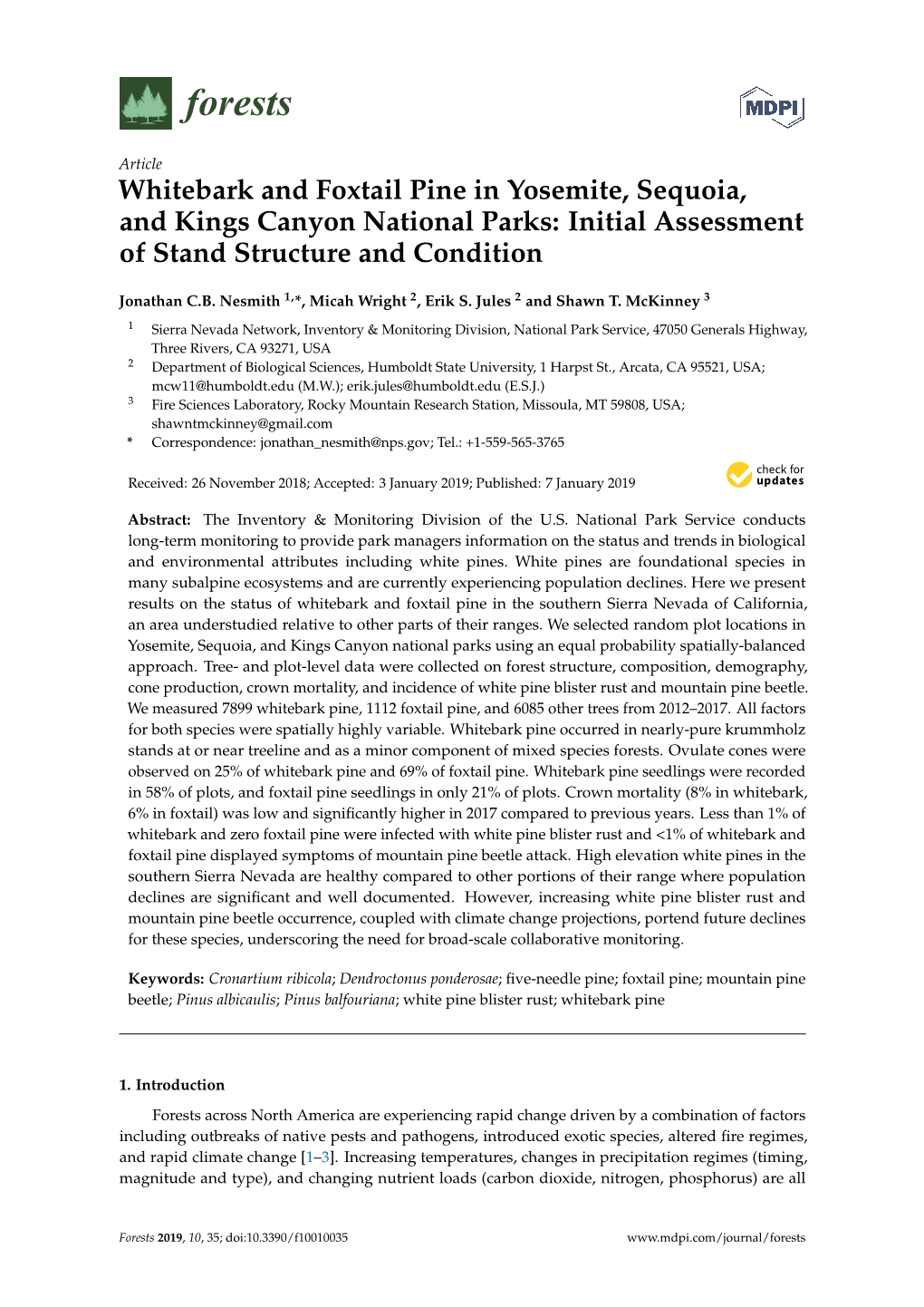 Whitebark and Foxtail Pine in Yosemite, Sequoia, and Kings Canyon National Parks: Initial Assessment of Stand Structure and Condition