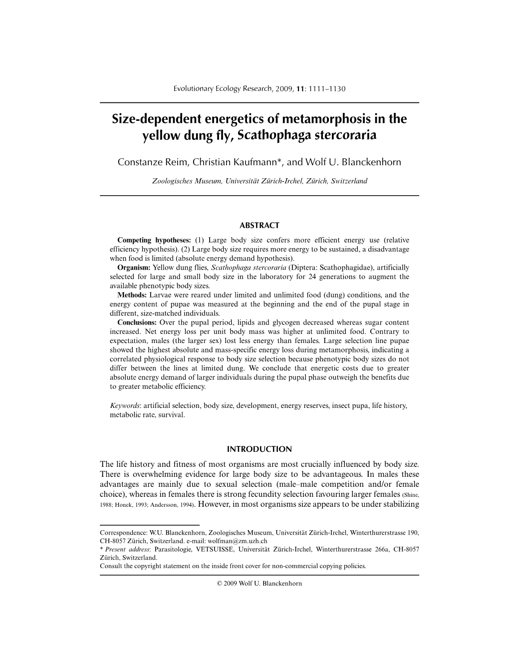 Size-Dependent Energetics of Metamorphosis in the Yellow Dung Fly, Scathophaga Stercoraria