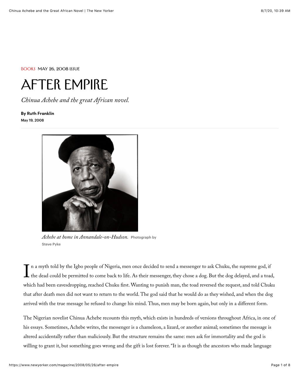 Chinua Achebe and the Great African Novel | the New Yorker 8/7/20, 10�39 AM