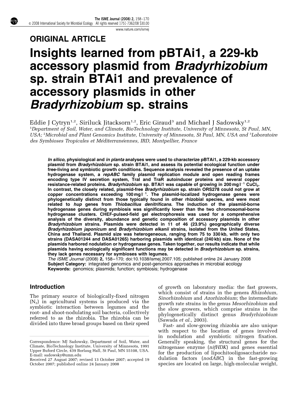 Insights Learned from Pbtai1, a 229-Kb Accessory Plasmid from Bradyrhizobium Sp