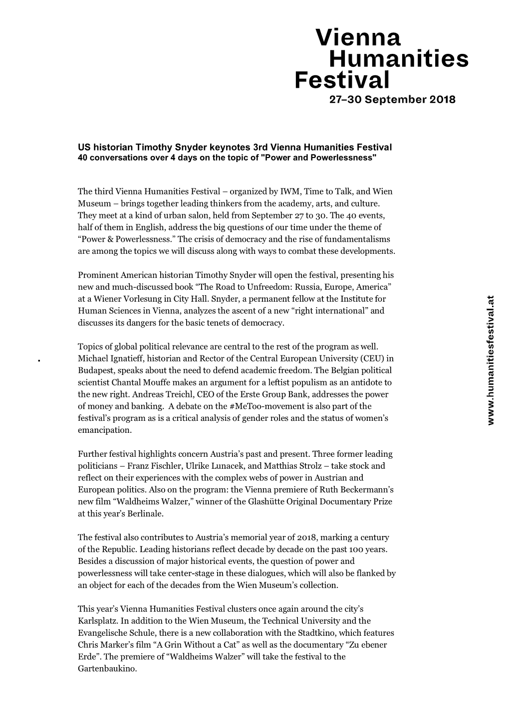 US Historian Timothy Snyder Keynotes 3Rd Vienna Humanities Festival 40 Conversations Over 4 Days on the Topic of "Power and Powerlessness"