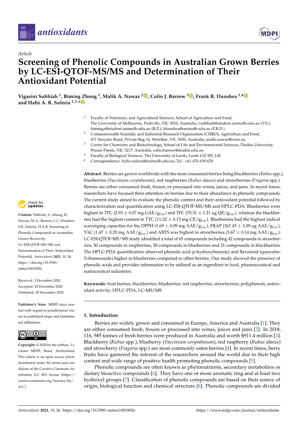 Screening of Phenolic Compounds in Australian Grown Berries by LC-ESI-QTOF-MS/MS and Determination of Their Antioxidant Potential