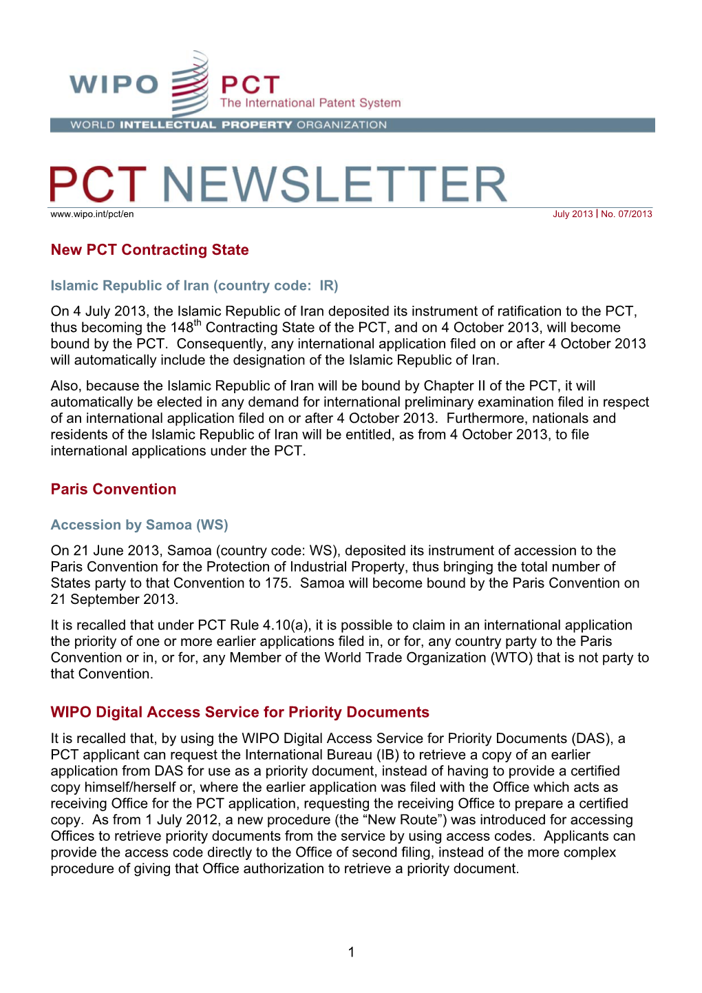 PCT NEWSLETTER No. 07/2013