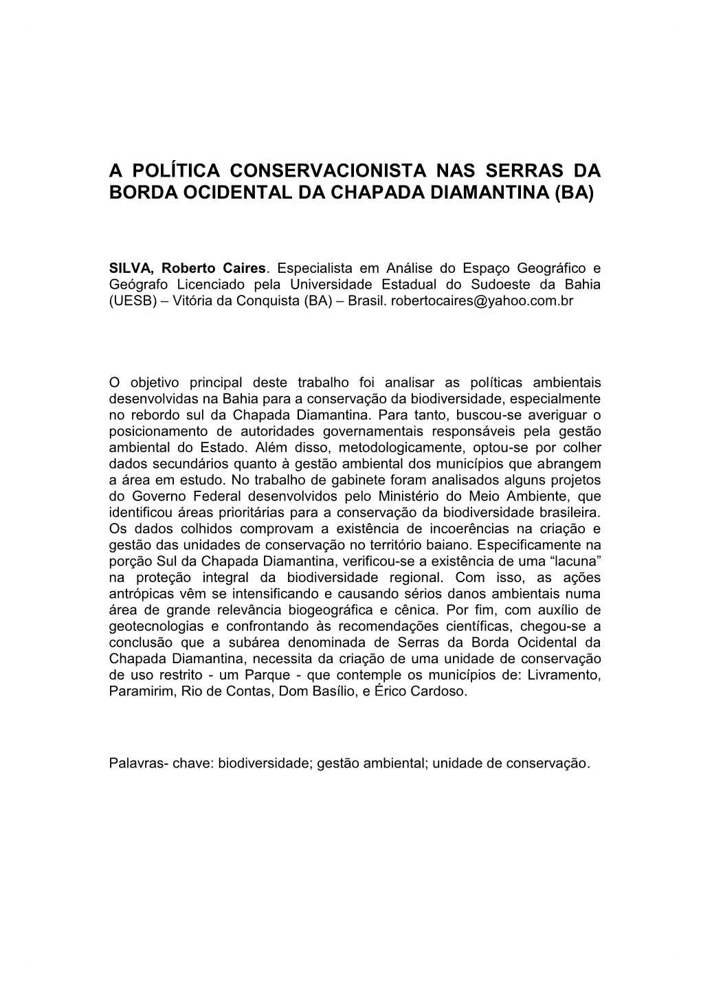 A Política Conservacionista Nas Serras Da Borda Ocidental Da Chapada Diamantina (Ba)