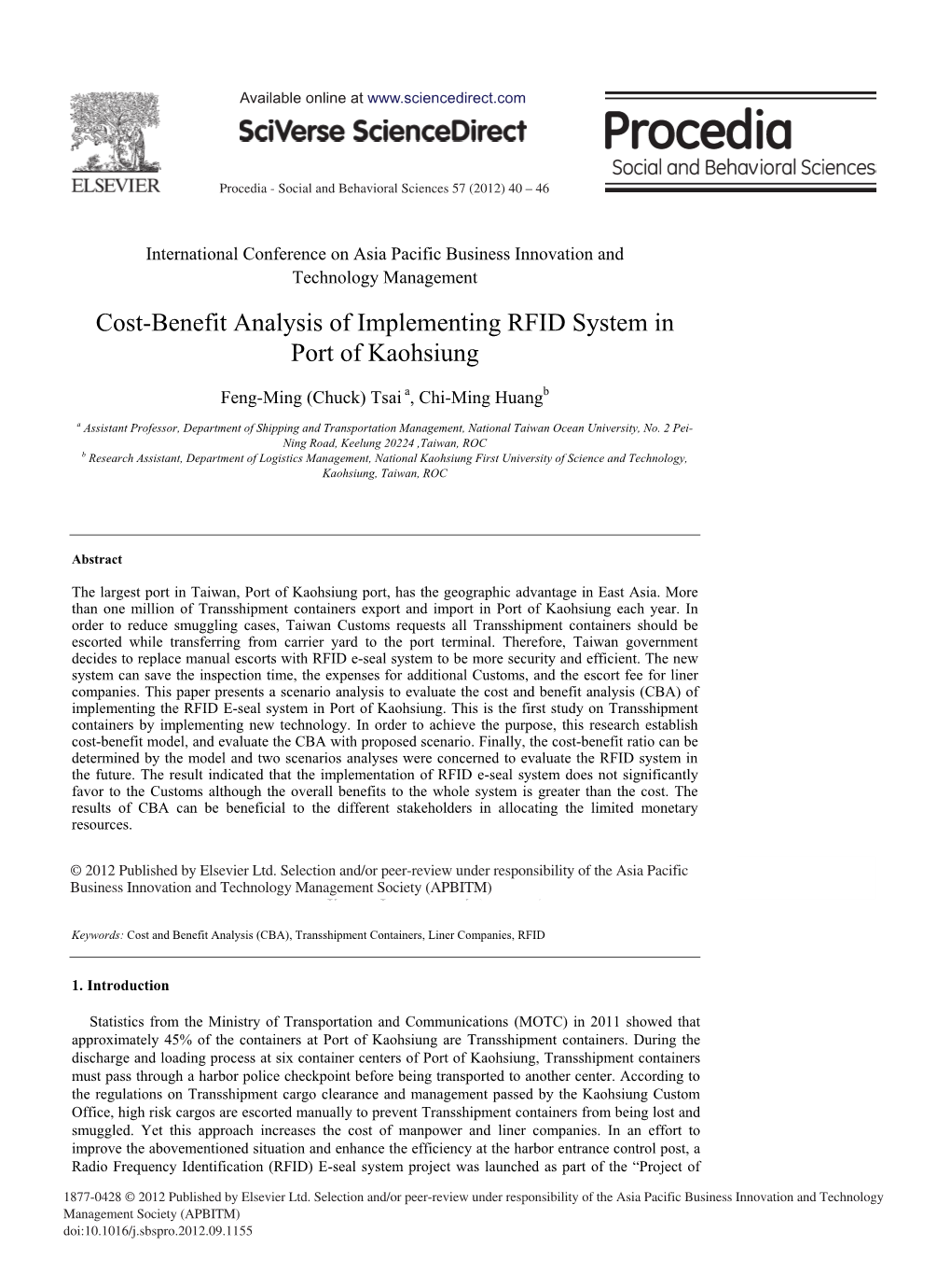 Cost-Benefit Analysis of Implementing RFID System in Port of Kaohsiung