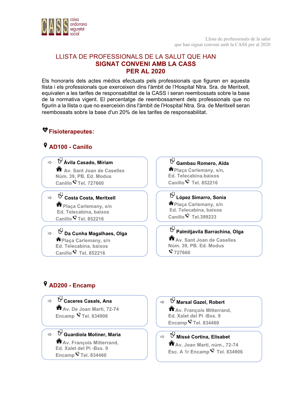 Llista De Professionals De La Salut Que Han Signat Conveni Amb La CASS Per Al 2020