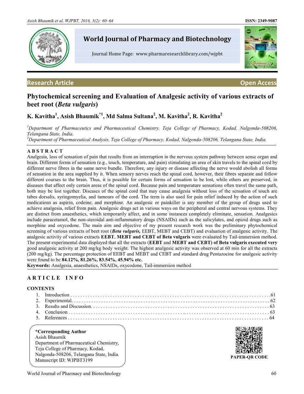 (Beta Vulgaris) World Journal of Pharmacy