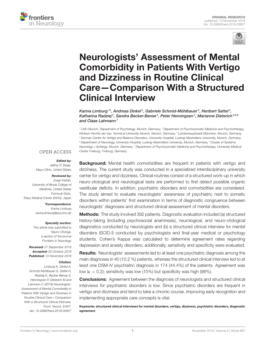 Neurologists' Assessment of Mental Comorbidity in Patients with Vertigo