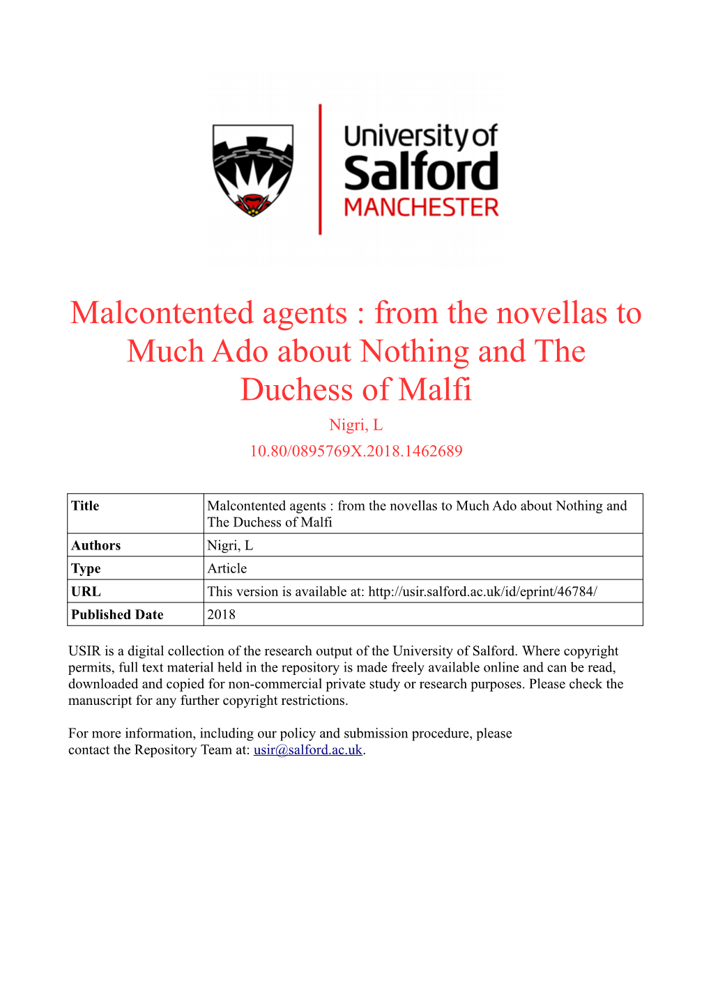 Malcontented Agents : from the Novellas to Much Ado About Nothing and the Duchess of Malfi Nigri, L 10.80/0895769X.2018.1462689