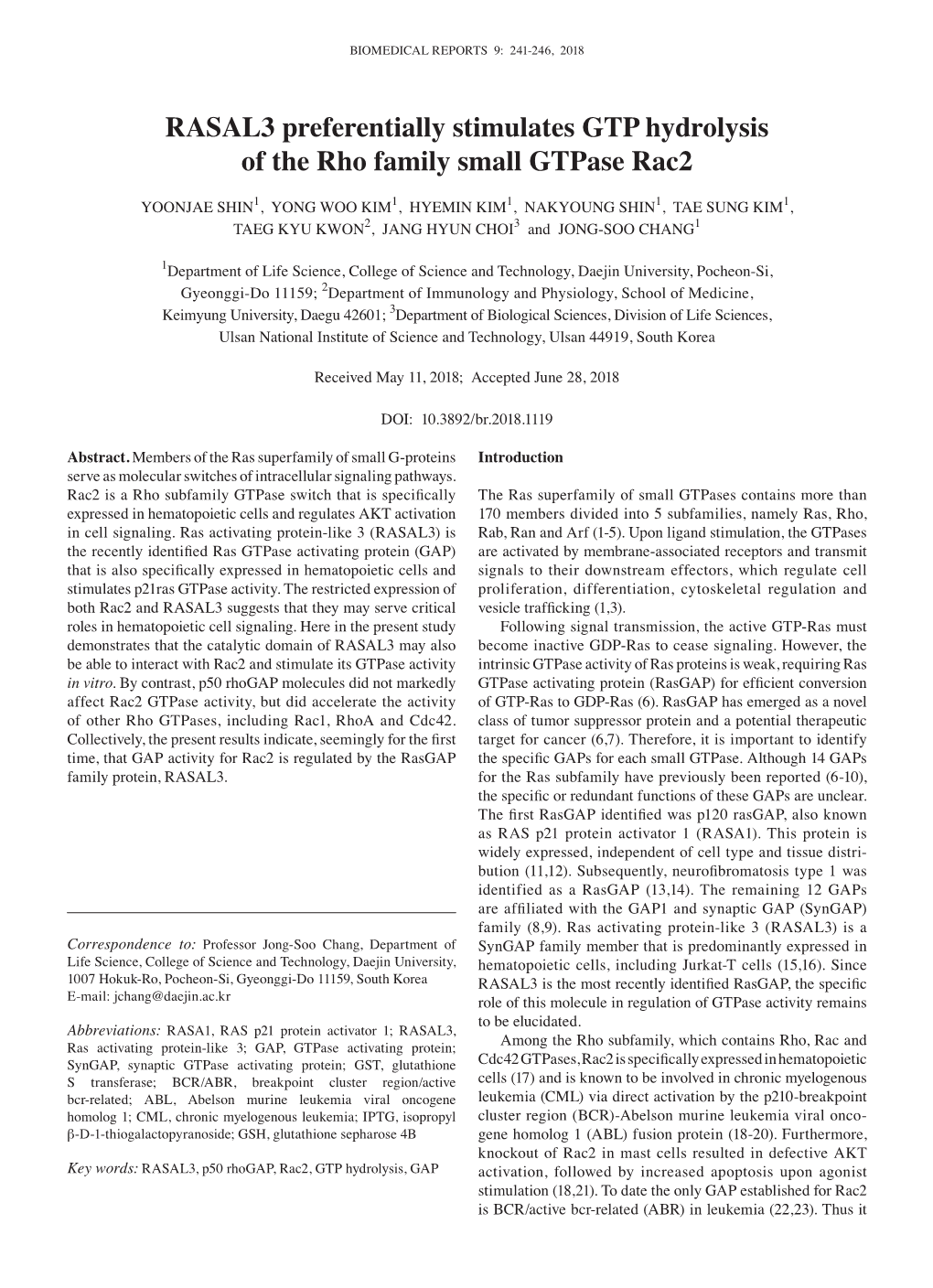 RASAL3 Preferentially Stimulates GTP Hydrolysis of the Rho Family Small Gtpase Rac2