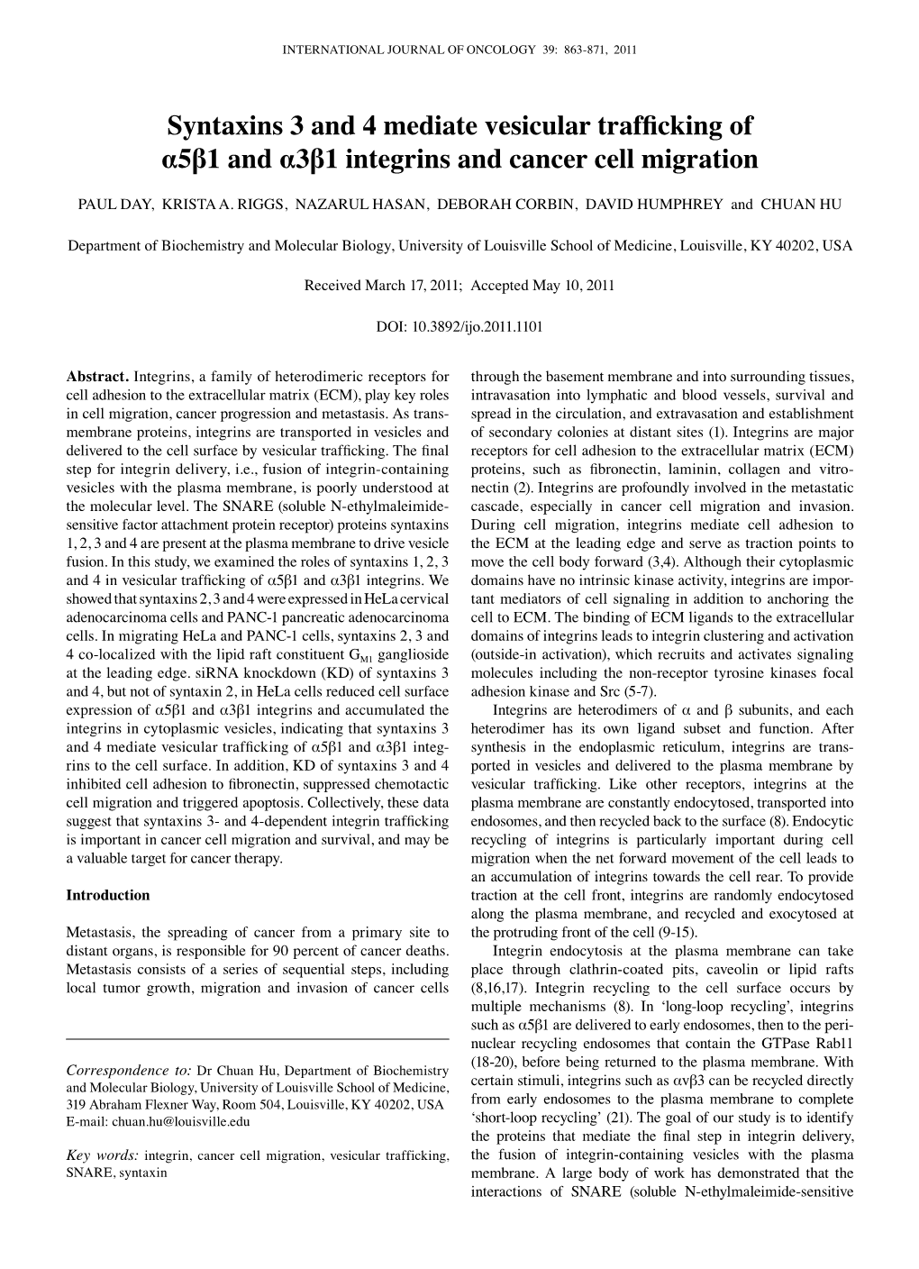 Syntaxins 3 and 4 Mediate Vesicular Trafficking of Α5β1 and Α3β1 Integrins and Cancer Cell Migration