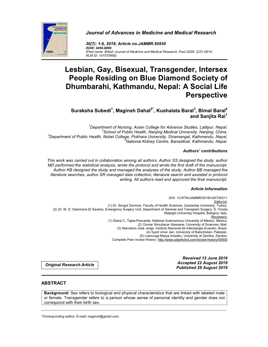 Lesbian, Gay, Bisexual, Transgender, Intersex People Residing on Blue Diamond Society of Dhumbarahi, Kathmandu, Nepal: a Social Life Perspective