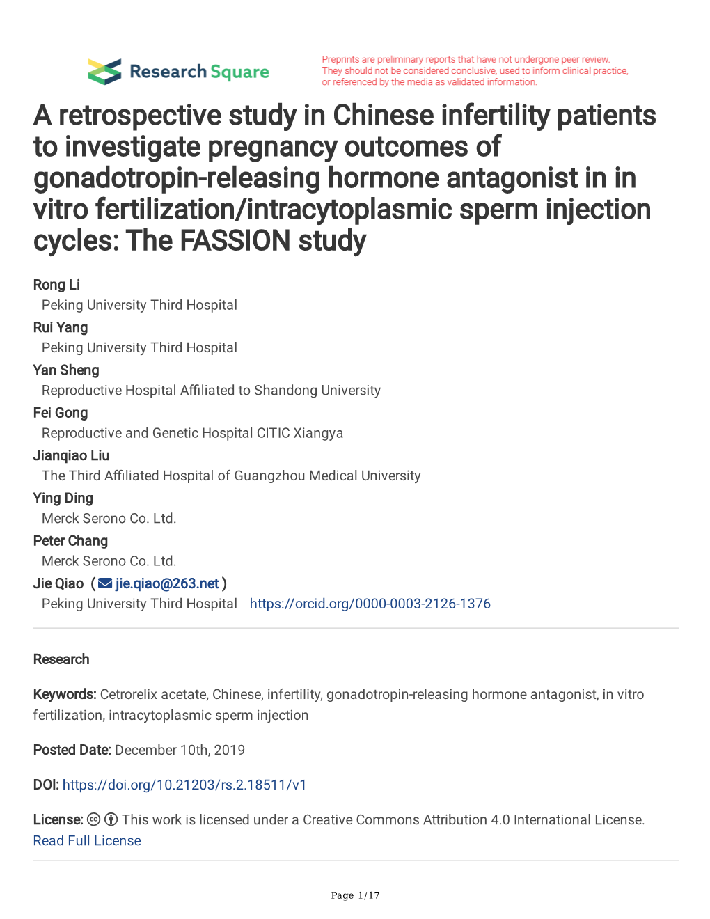 Releasing Hormone Antagonist in in Vitro Fertilization/Intracytoplasmic Sperm Injection Cycles: the FASSION Study