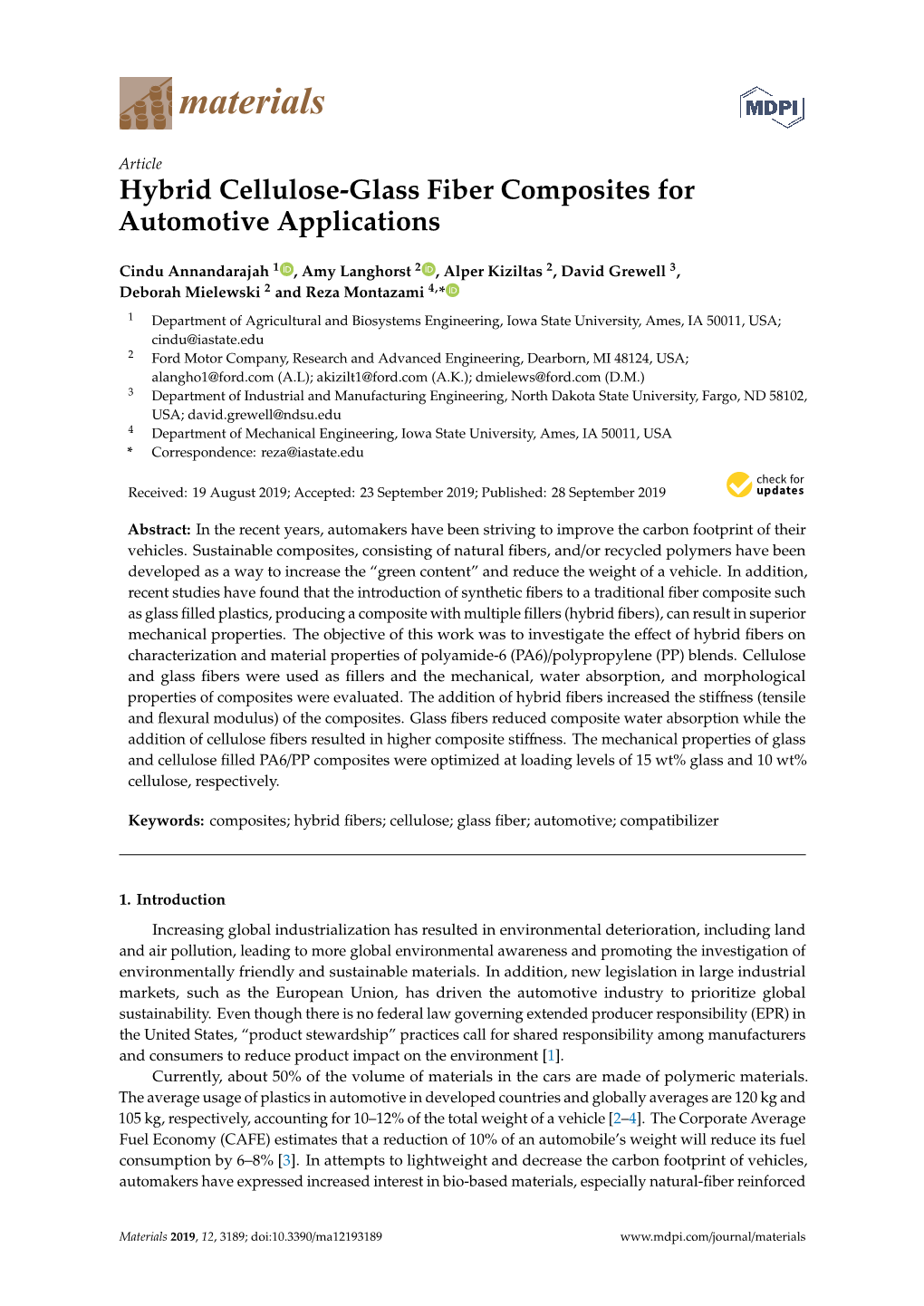 Hybrid Cellulose-Glass Fiber Composites for Automotive Applications