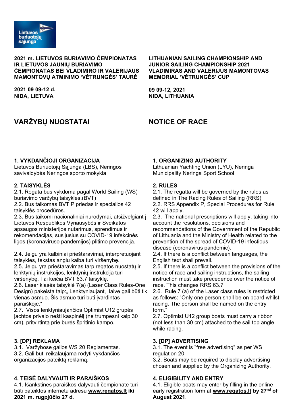 Varžybų Nuostatai Notice of Race