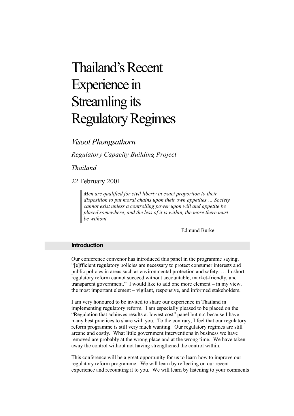 Thailand S Recent Experience in Streamling Its Regulatory Regimes