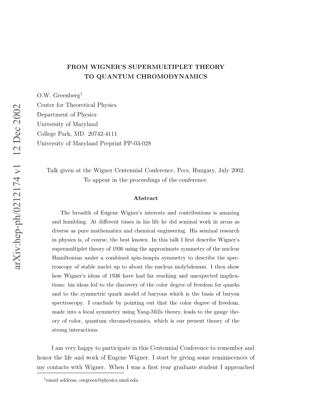 Arxiv:Hep-Ph/0212174 V1 12 Dec 2002 Ycnat Ihwge.We a Rtya Rdaestude Graduate Year ﬁrst a Som Was Giving I by When Start I Wigner