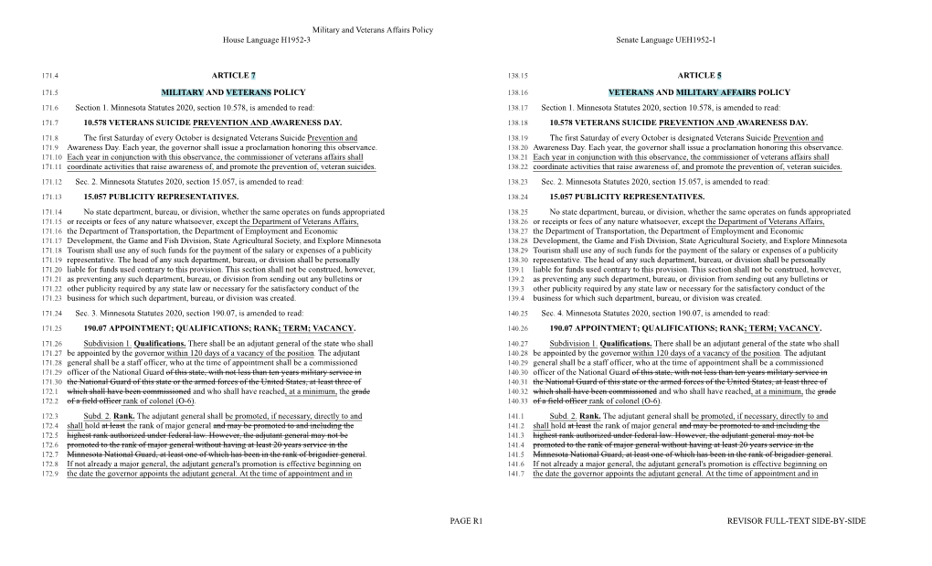 Military and Veterans Affairs Policy​ House Language H1952-3​ Senate Language UEH1952-1​