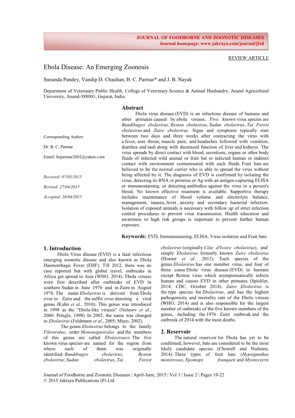 Ebola Disease: an Emerging Zoonosis