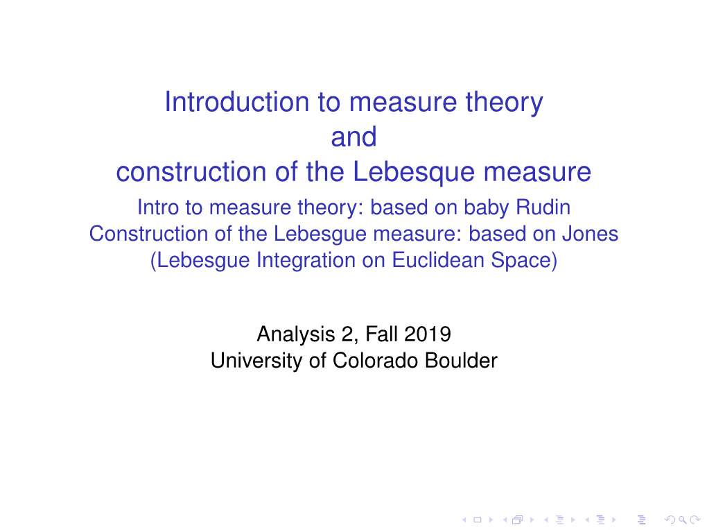 Intro to Measure Theory: Based on Baby Rudin Construction of the Lebesgue Measure: Based on Jones (Lebesgue Integration on Euclidean Space)