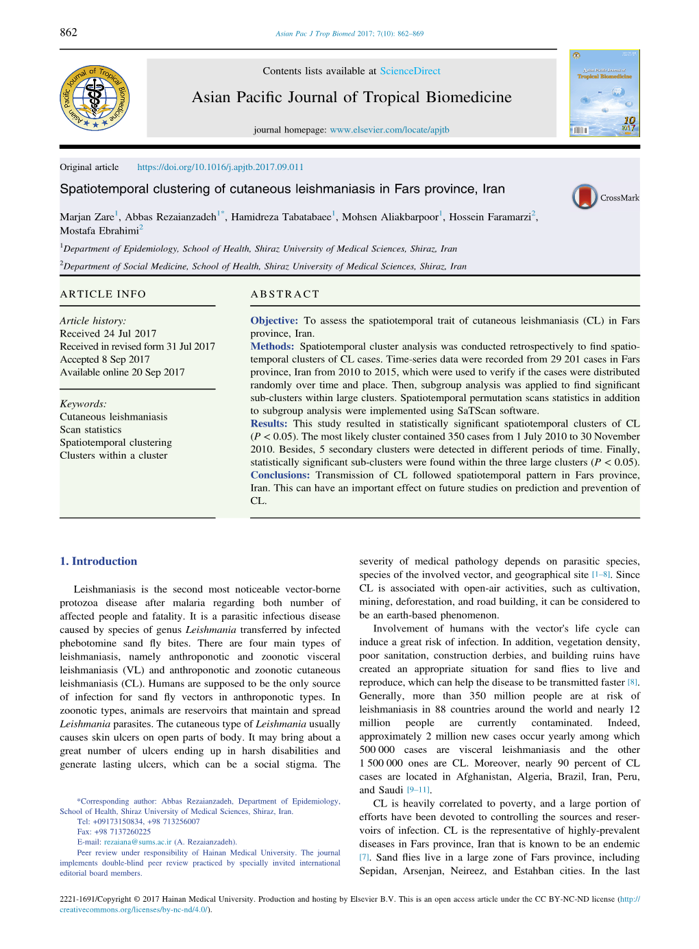 Spatiotemporal Clustering of Cutaneous Leishmaniasis in Fars Province, Iran