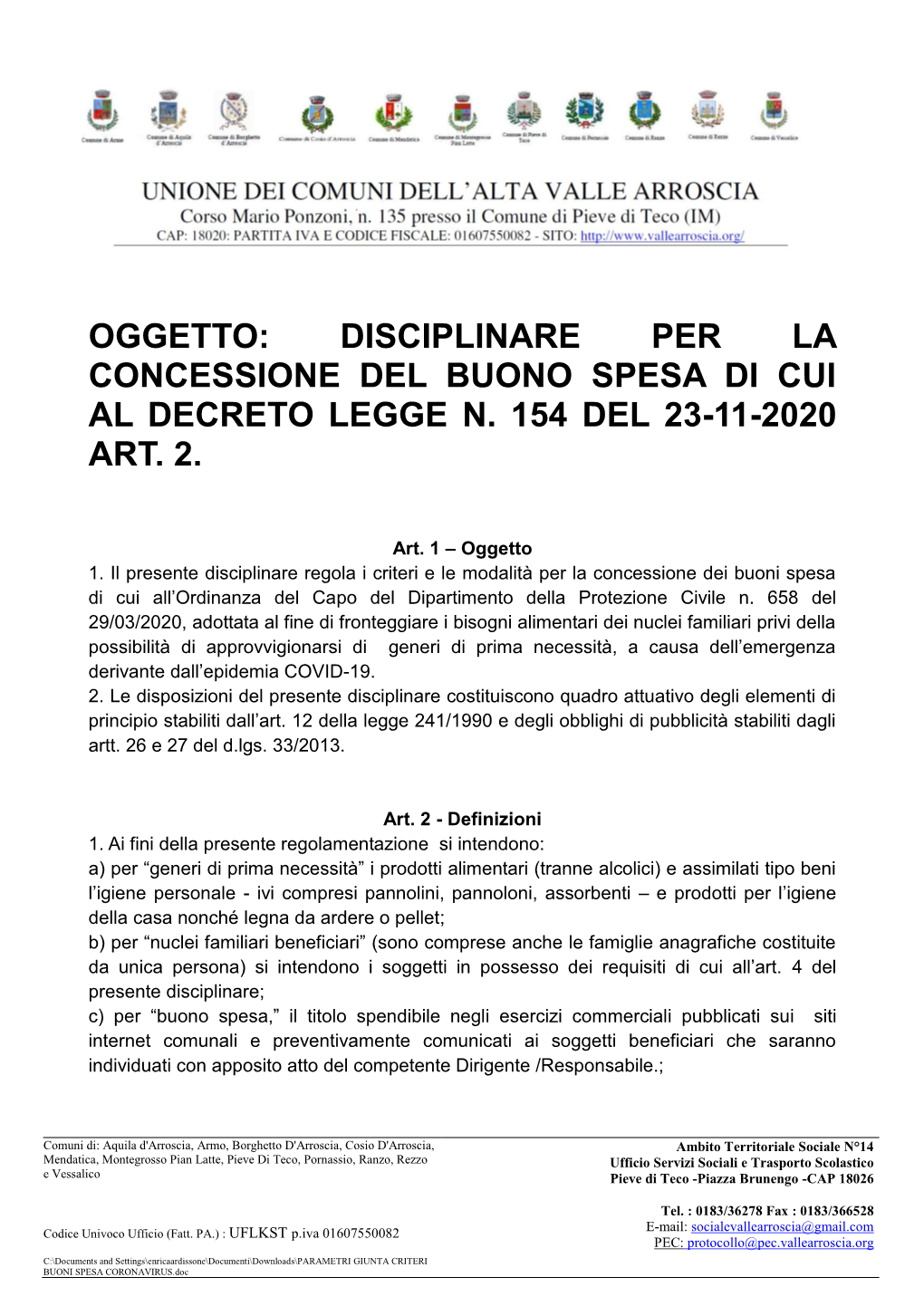 Pieve Di Teco, Pornassio, Ranzo, Rezzo Ufficio Servizi Sociali E Trasporto Scolastico E Vessalico Pieve Di Teco -Piazza Brunengo -CAP 18026