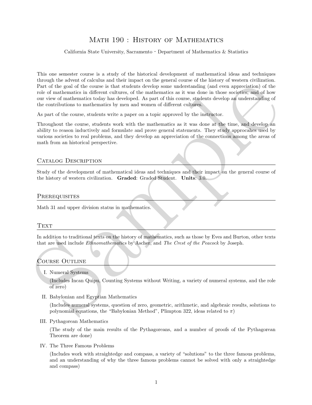 Math 190 : History of Mathematics California State University, Sacramento · Department of Mathematics & Statistics