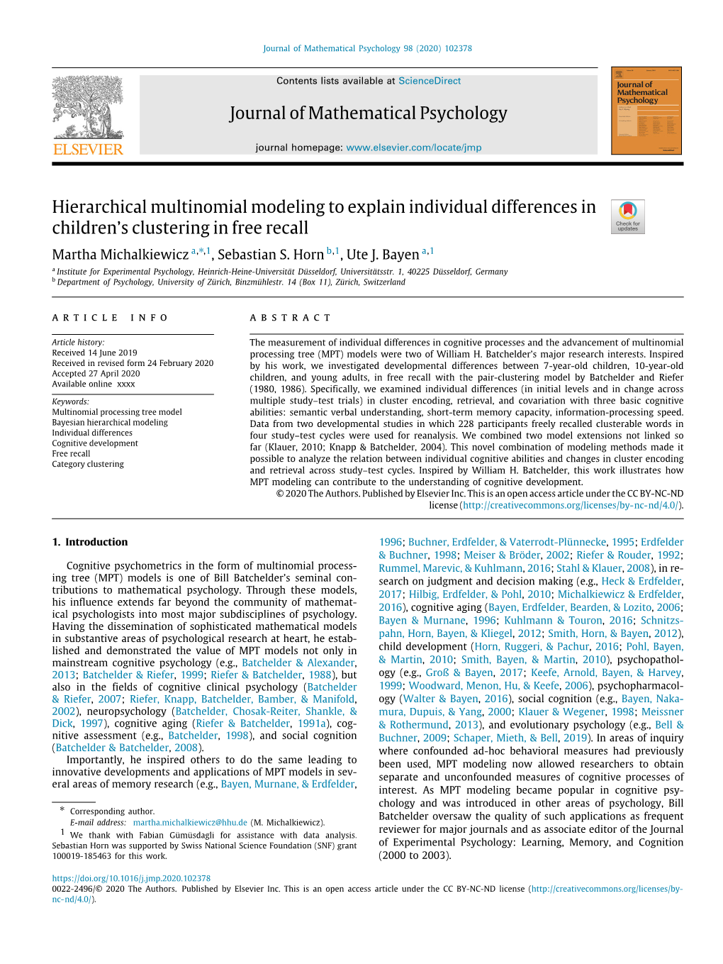 Journal of Mathematical Psychology Hierarchical Multinomial Modeling to Explain Individual Differences in Children's Clusterin