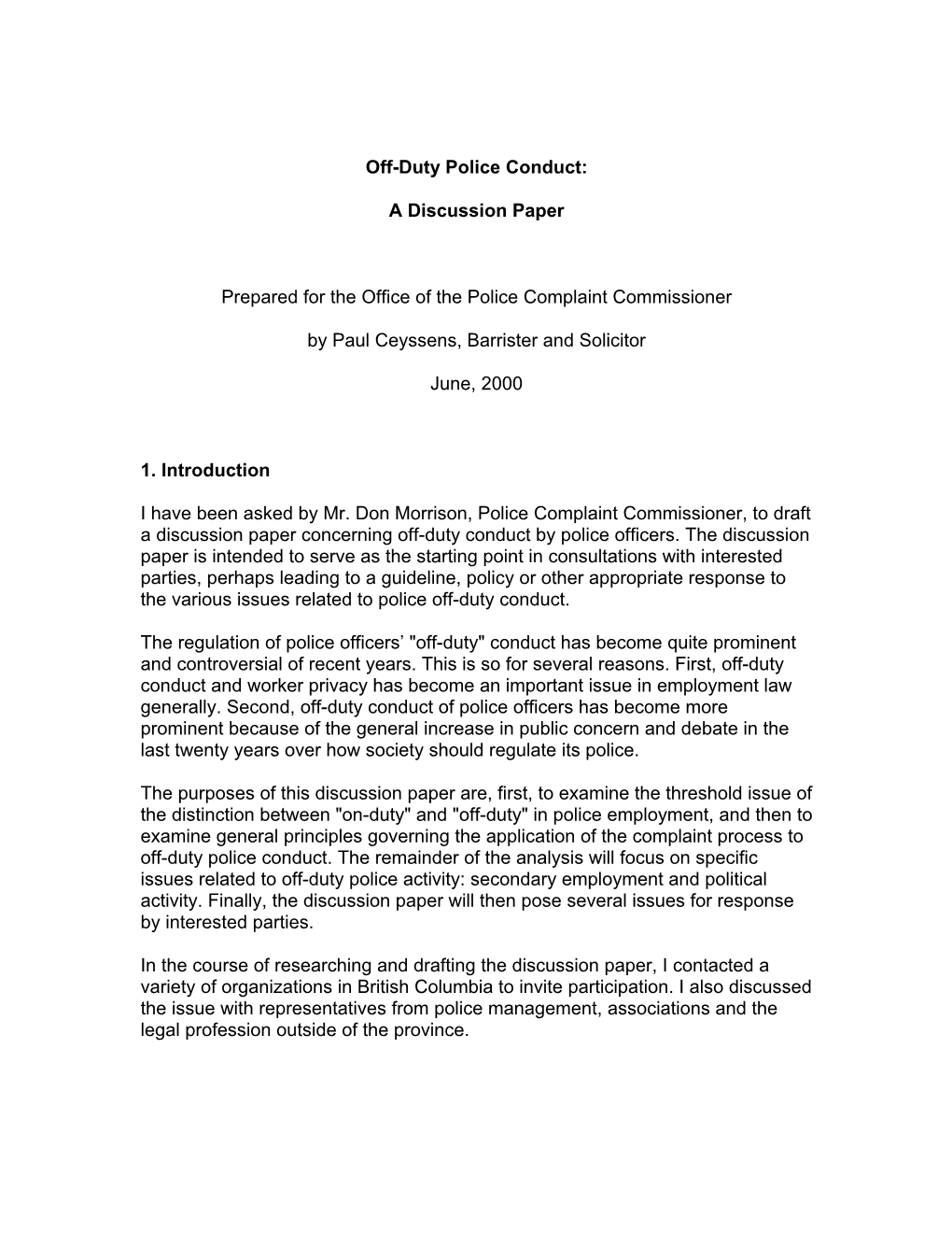 Off-Duty Police Conduct: a Discussion Paper Prepared for the Office of The