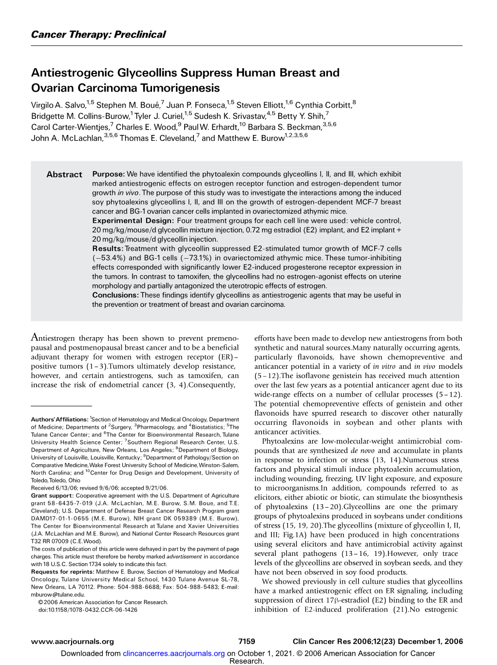 Antiestrogenic Glyceollins Suppress Human Breast and Ovarian Carcinoma Tumorigenesis Virgilo A