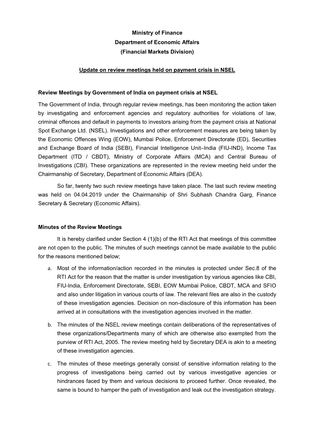 Ministry of Finance Department of Economic Affairs (Financial Markets Division) Update on Review Meetings Held on Payment Crisis