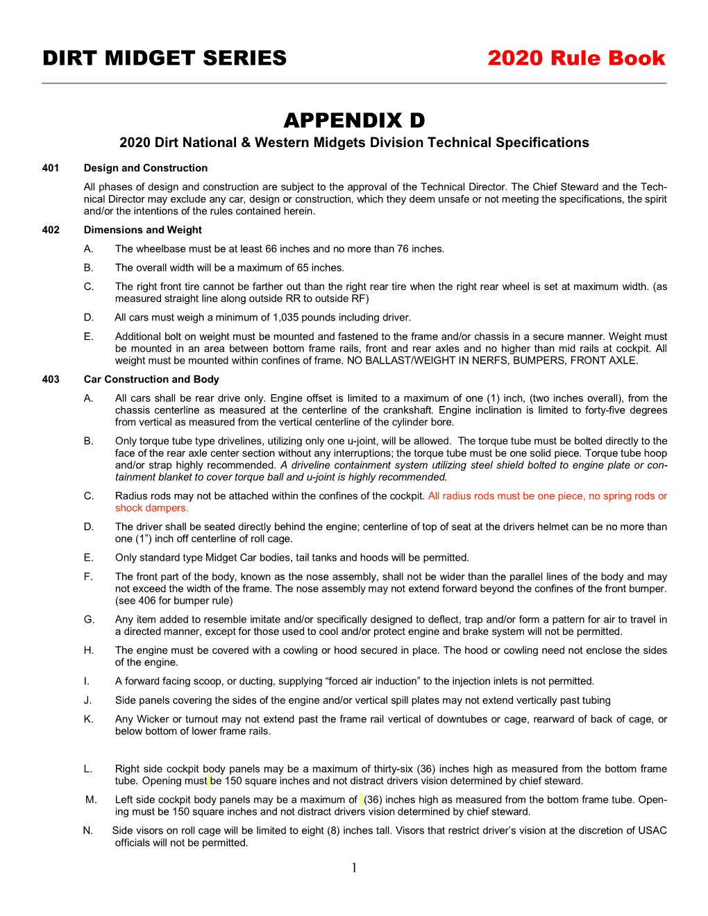 DIRT MIDGET SERIES 2020 Rule Book APPENDIX D