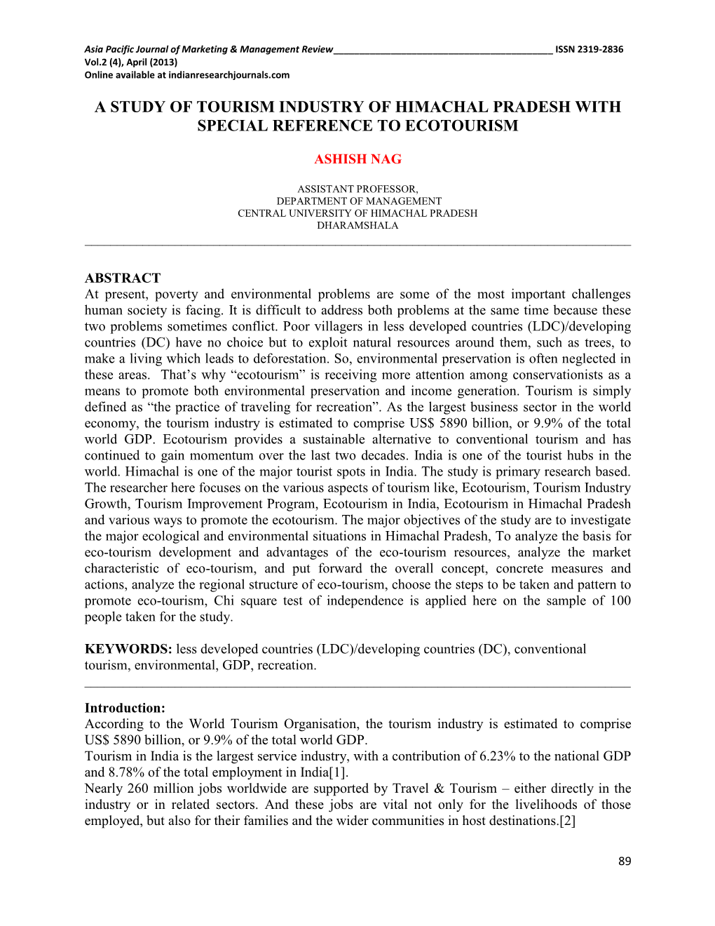 A Study of Tourism Industry of Himachal Pradesh with Special Reference to Ecotourism