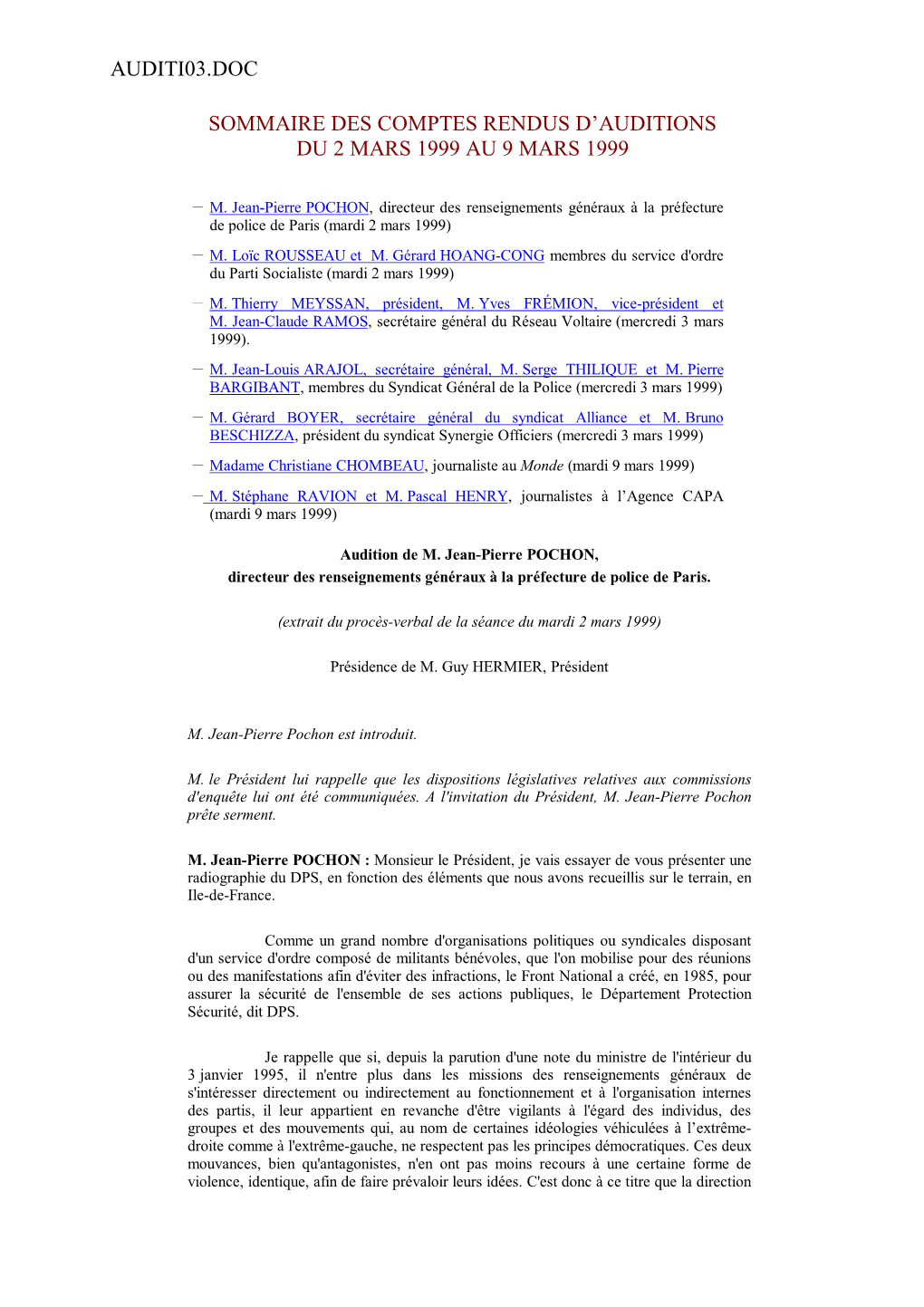 Auditi03.Doc Sommaire Des Comptes Rendus D'auditions